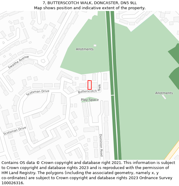 7, BUTTERSCOTCH WALK, DONCASTER, DN5 9LL: Location map and indicative extent of plot