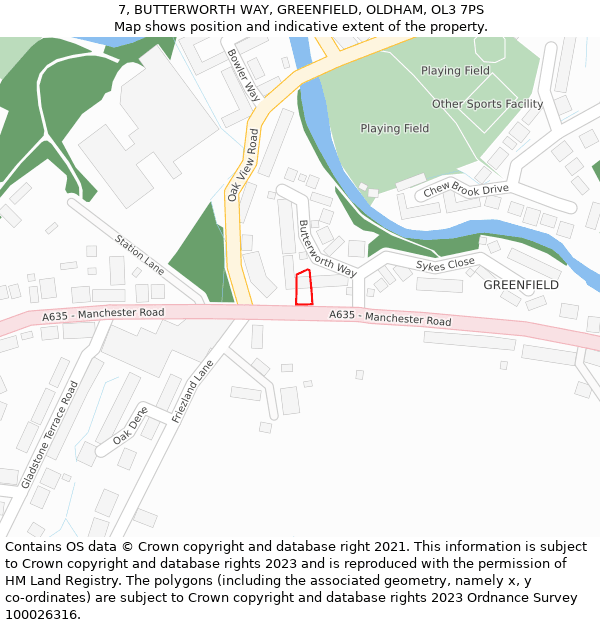 7, BUTTERWORTH WAY, GREENFIELD, OLDHAM, OL3 7PS: Location map and indicative extent of plot