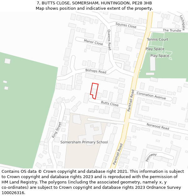 7, BUTTS CLOSE, SOMERSHAM, HUNTINGDON, PE28 3HB: Location map and indicative extent of plot