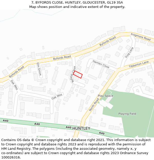 7, BYFORDS CLOSE, HUNTLEY, GLOUCESTER, GL19 3SA: Location map and indicative extent of plot