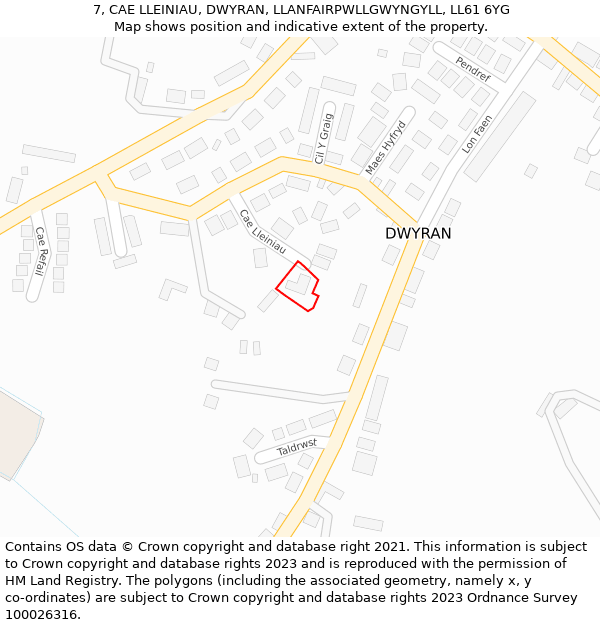 7, CAE LLEINIAU, DWYRAN, LLANFAIRPWLLGWYNGYLL, LL61 6YG: Location map and indicative extent of plot