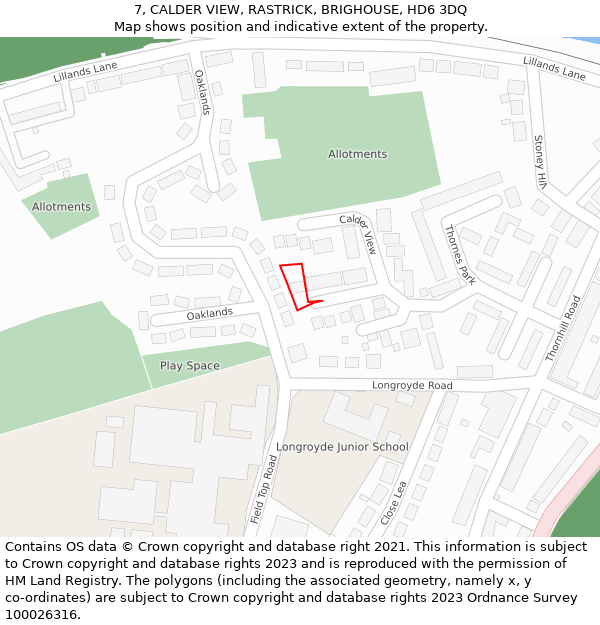 7, CALDER VIEW, RASTRICK, BRIGHOUSE, HD6 3DQ: Location map and indicative extent of plot