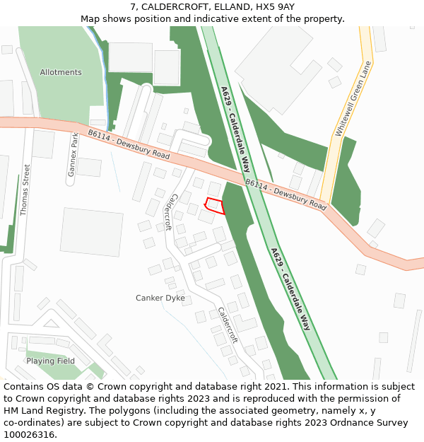 7, CALDERCROFT, ELLAND, HX5 9AY: Location map and indicative extent of plot