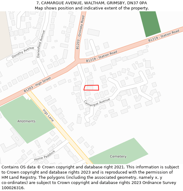 7, CAMARGUE AVENUE, WALTHAM, GRIMSBY, DN37 0PA: Location map and indicative extent of plot