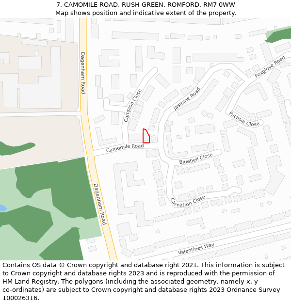 7, CAMOMILE ROAD, RUSH GREEN, ROMFORD, RM7 0WW: Location map and indicative extent of plot