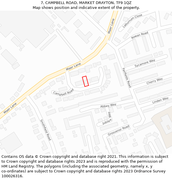 7, CAMPBELL ROAD, MARKET DRAYTON, TF9 1QZ: Location map and indicative extent of plot