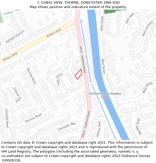 7, CANAL VIEW, THORNE, DONCASTER, DN8 5GD: Location map and indicative extent of plot