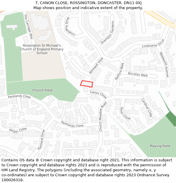 7, CANON CLOSE, ROSSINGTON, DONCASTER, DN11 0XJ: Location map and indicative extent of plot