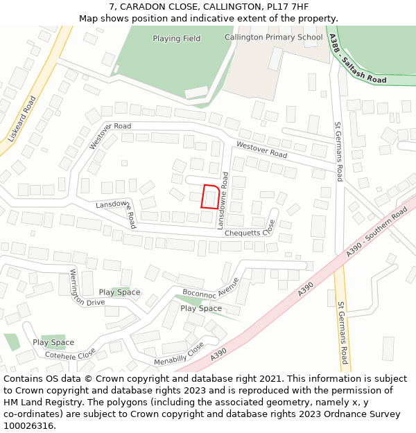 7, CARADON CLOSE, CALLINGTON, PL17 7HF: Location map and indicative extent of plot