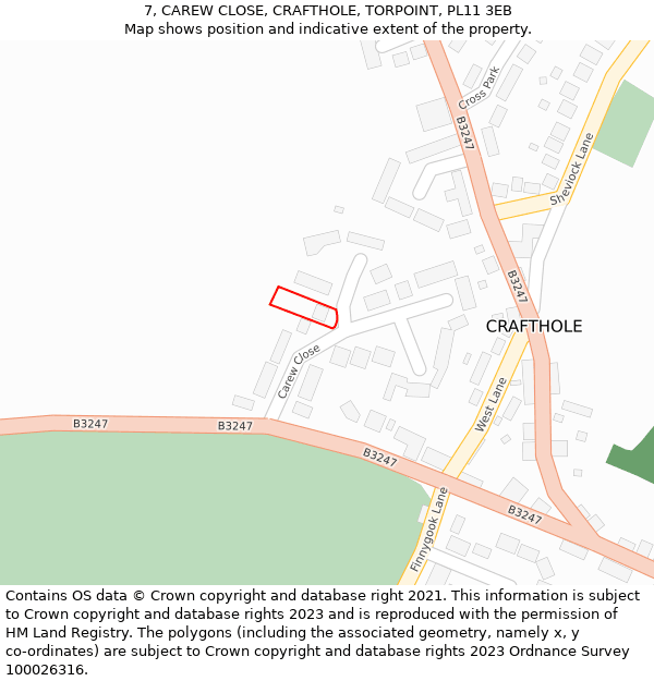 7, CAREW CLOSE, CRAFTHOLE, TORPOINT, PL11 3EB: Location map and indicative extent of plot