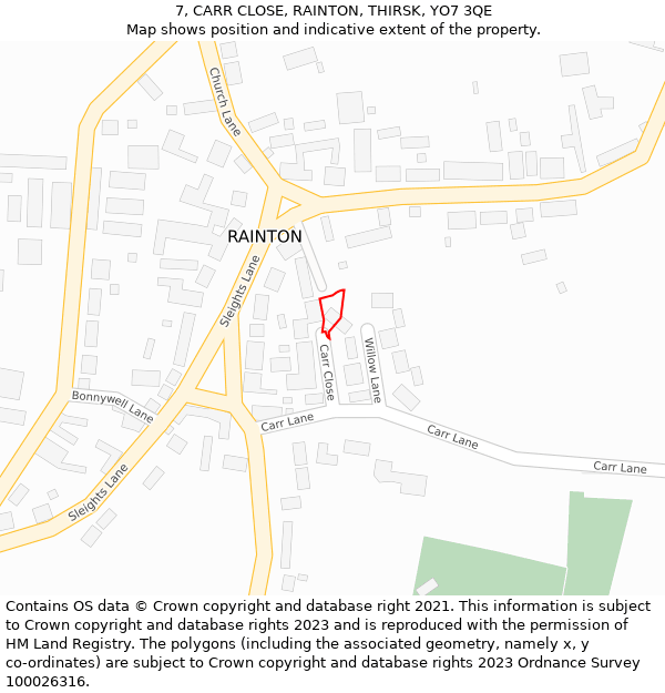 7, CARR CLOSE, RAINTON, THIRSK, YO7 3QE: Location map and indicative extent of plot