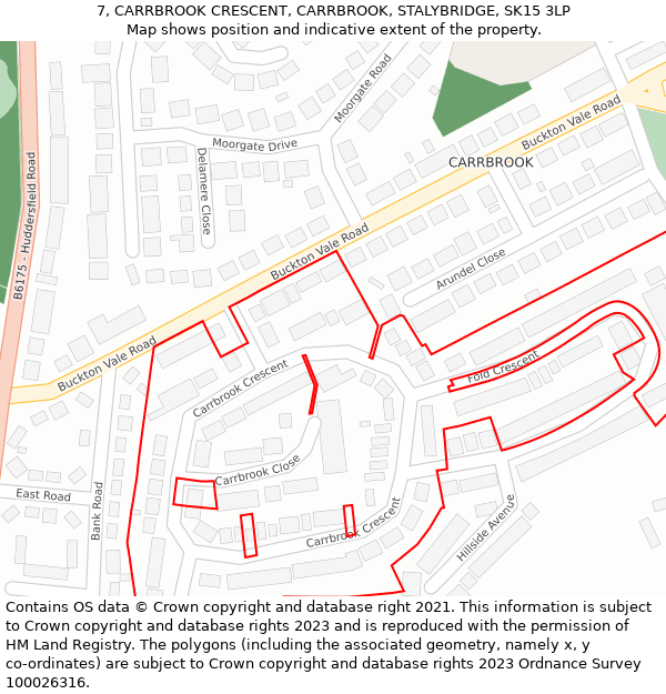 7, CARRBROOK CRESCENT, CARRBROOK, STALYBRIDGE, SK15 3LP: Location map and indicative extent of plot