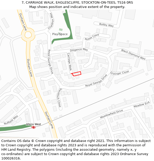 7, CARRIAGE WALK, EAGLESCLIFFE, STOCKTON-ON-TEES, TS16 0RS: Location map and indicative extent of plot