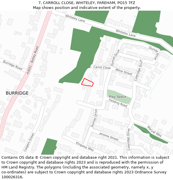 7, CARROLL CLOSE, WHITELEY, FAREHAM, PO15 7FZ: Location map and indicative extent of plot