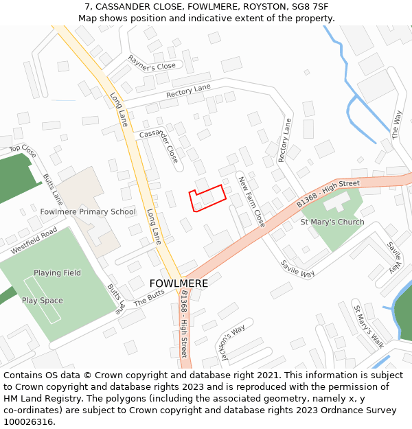 7, CASSANDER CLOSE, FOWLMERE, ROYSTON, SG8 7SF: Location map and indicative extent of plot