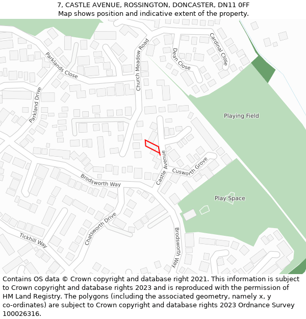 7, CASTLE AVENUE, ROSSINGTON, DONCASTER, DN11 0FF: Location map and indicative extent of plot