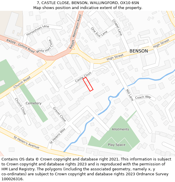 7, CASTLE CLOSE, BENSON, WALLINGFORD, OX10 6SN: Location map and indicative extent of plot