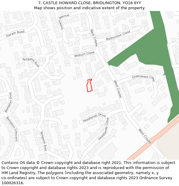 7, CASTLE HOWARD CLOSE, BRIDLINGTON, YO16 6YY: Location map and indicative extent of plot