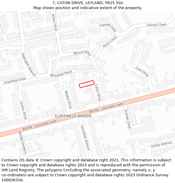 7, CATON DRIVE, LEYLAND, PR25 5SU: Location map and indicative extent of plot