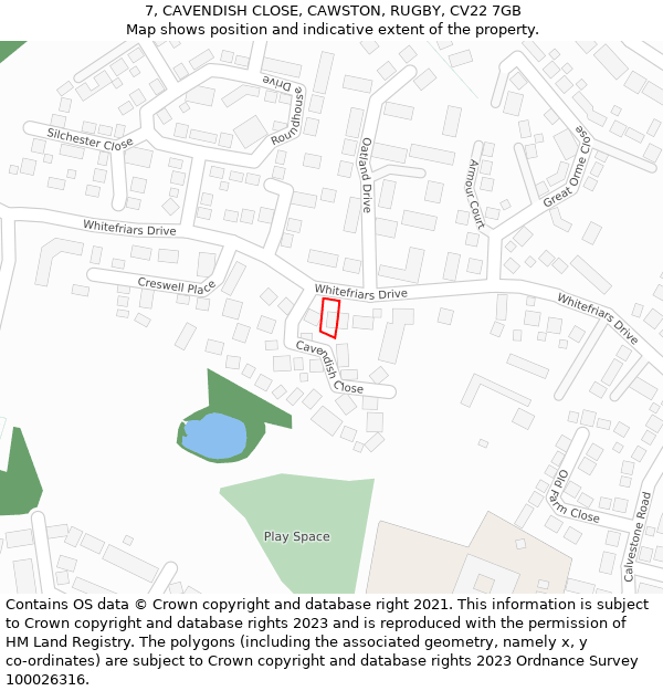 7, CAVENDISH CLOSE, CAWSTON, RUGBY, CV22 7GB: Location map and indicative extent of plot