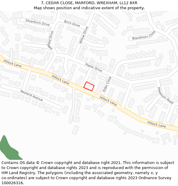 7, CEDAR CLOSE, MARFORD, WREXHAM, LL12 8XR: Location map and indicative extent of plot