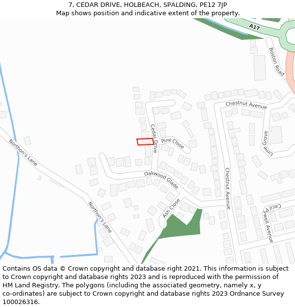 7, CEDAR DRIVE, HOLBEACH, SPALDING, PE12 7JP: Location map and indicative extent of plot