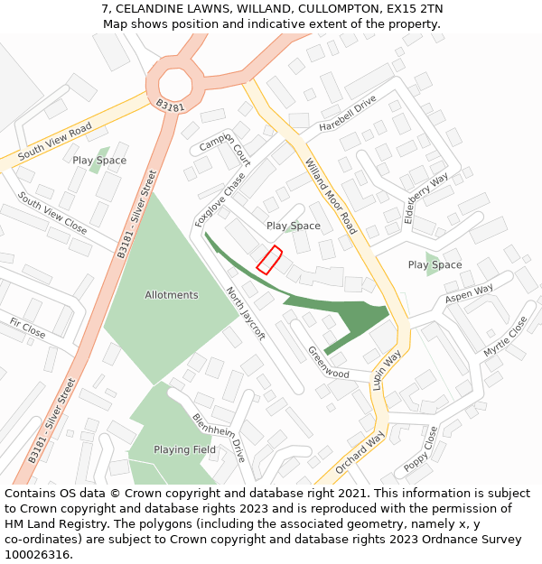 7, CELANDINE LAWNS, WILLAND, CULLOMPTON, EX15 2TN: Location map and indicative extent of plot