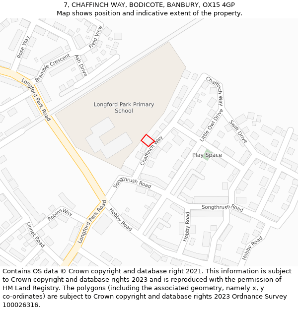 7, CHAFFINCH WAY, BODICOTE, BANBURY, OX15 4GP: Location map and indicative extent of plot