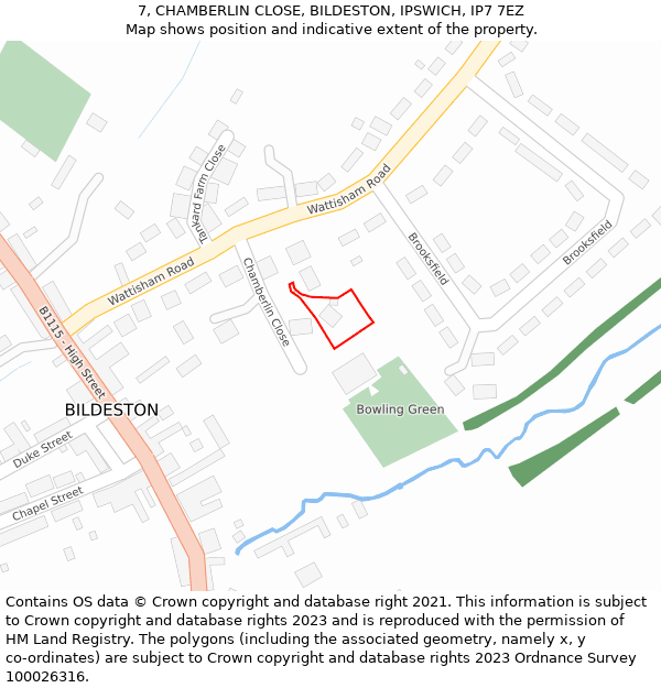 7, CHAMBERLIN CLOSE, BILDESTON, IPSWICH, IP7 7EZ: Location map and indicative extent of plot