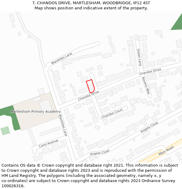 7, CHANDOS DRIVE, MARTLESHAM, WOODBRIDGE, IP12 4ST: Location map and indicative extent of plot
