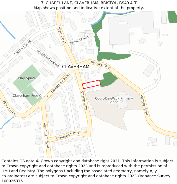 7, CHAPEL LANE, CLAVERHAM, BRISTOL, BS49 4LT: Location map and indicative extent of plot