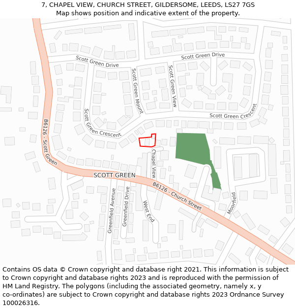 7, CHAPEL VIEW, CHURCH STREET, GILDERSOME, LEEDS, LS27 7GS: Location map and indicative extent of plot