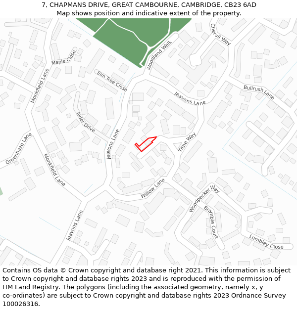 7, CHAPMANS DRIVE, GREAT CAMBOURNE, CAMBRIDGE, CB23 6AD: Location map and indicative extent of plot