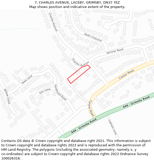 7, CHARLES AVENUE, LACEBY, GRIMSBY, DN37 7EZ: Location map and indicative extent of plot