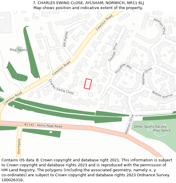 7, CHARLES EWING CLOSE, AYLSHAM, NORWICH, NR11 6LJ: Location map and indicative extent of plot