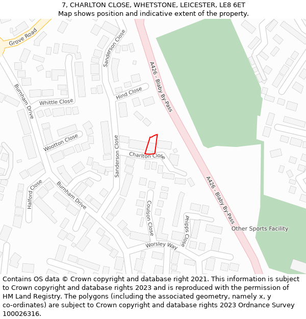 7, CHARLTON CLOSE, WHETSTONE, LEICESTER, LE8 6ET: Location map and indicative extent of plot
