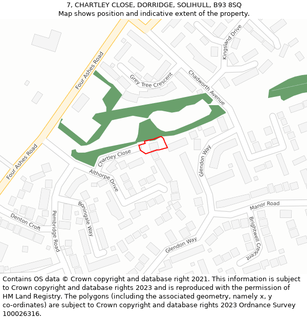 7, CHARTLEY CLOSE, DORRIDGE, SOLIHULL, B93 8SQ: Location map and indicative extent of plot