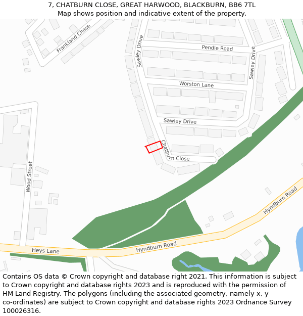 7, CHATBURN CLOSE, GREAT HARWOOD, BLACKBURN, BB6 7TL: Location map and indicative extent of plot