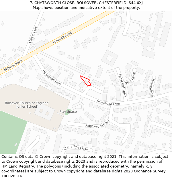 7, CHATSWORTH CLOSE, BOLSOVER, CHESTERFIELD, S44 6XJ: Location map and indicative extent of plot