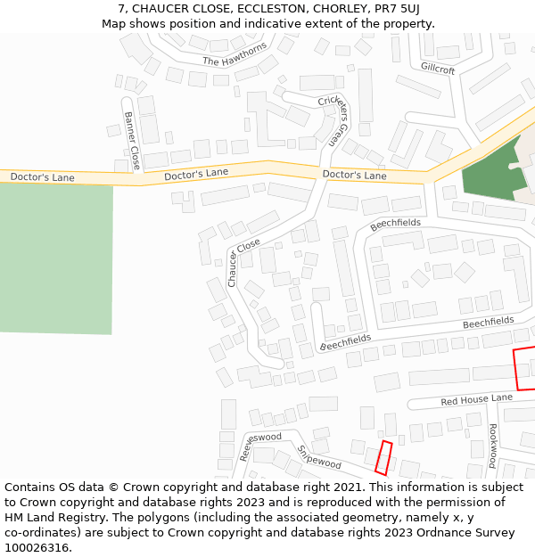 7, CHAUCER CLOSE, ECCLESTON, CHORLEY, PR7 5UJ: Location map and indicative extent of plot