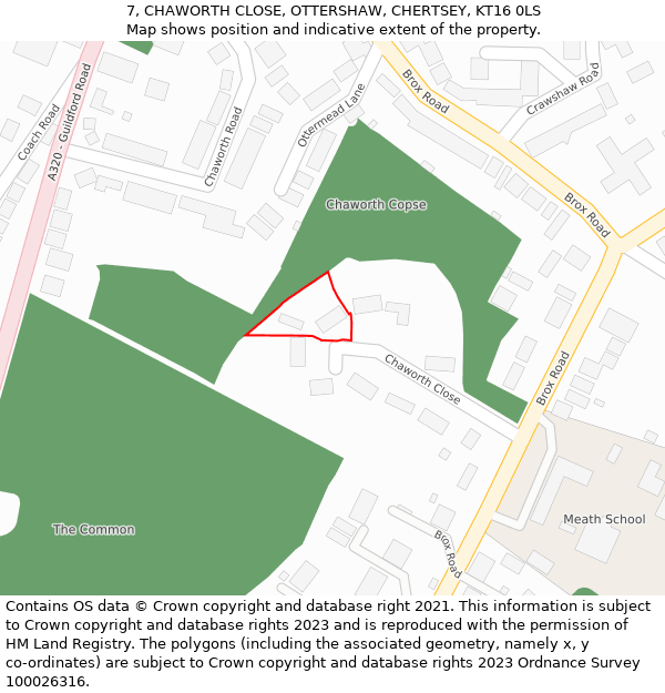 7, CHAWORTH CLOSE, OTTERSHAW, CHERTSEY, KT16 0LS: Location map and indicative extent of plot