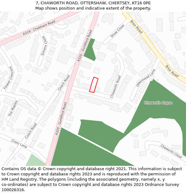 7, CHAWORTH ROAD, OTTERSHAW, CHERTSEY, KT16 0PE: Location map and indicative extent of plot