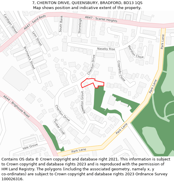 7, CHERITON DRIVE, QUEENSBURY, BRADFORD, BD13 1QS: Location map and indicative extent of plot