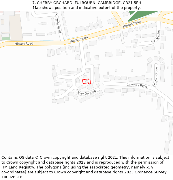 7, CHERRY ORCHARD, FULBOURN, CAMBRIDGE, CB21 5EH: Location map and indicative extent of plot