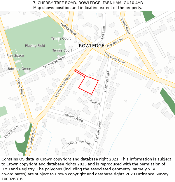 7, CHERRY TREE ROAD, ROWLEDGE, FARNHAM, GU10 4AB: Location map and indicative extent of plot