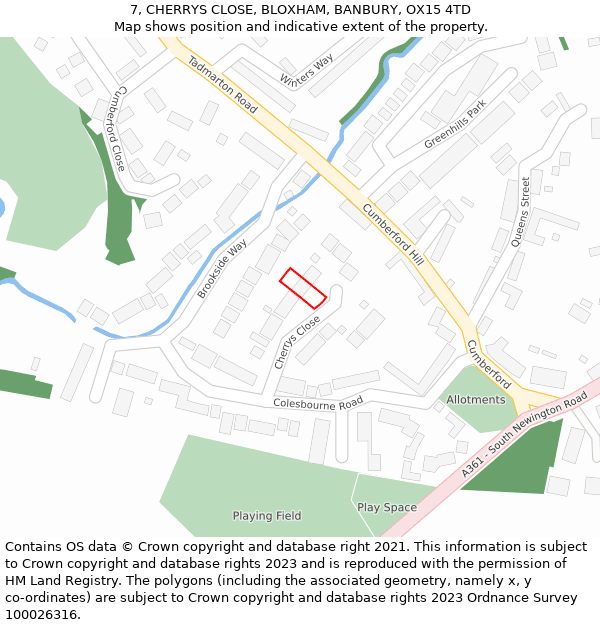 7, CHERRYS CLOSE, BLOXHAM, BANBURY, OX15 4TD: Location map and indicative extent of plot