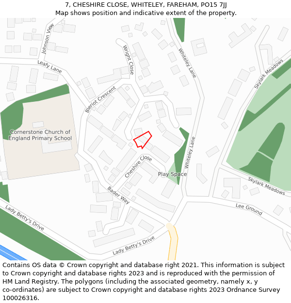 7, CHESHIRE CLOSE, WHITELEY, FAREHAM, PO15 7JJ: Location map and indicative extent of plot