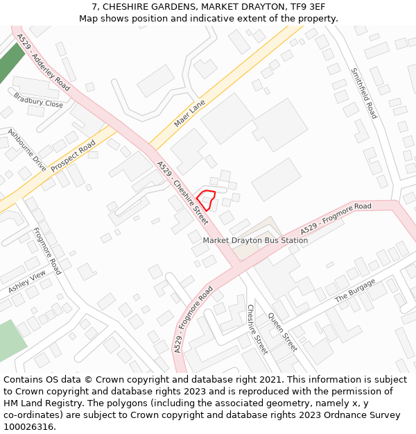 7, CHESHIRE GARDENS, MARKET DRAYTON, TF9 3EF: Location map and indicative extent of plot