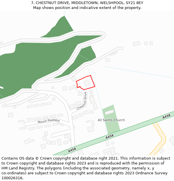 7, CHESTNUT DRIVE, MIDDLETOWN, WELSHPOOL, SY21 8EY: Location map and indicative extent of plot