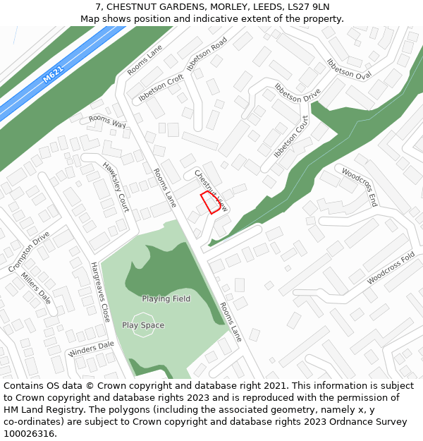 7, CHESTNUT GARDENS, MORLEY, LEEDS, LS27 9LN: Location map and indicative extent of plot